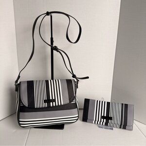 Vera Bradley Striped Crossbody Bag & Wallet Set - Black,Gray,White